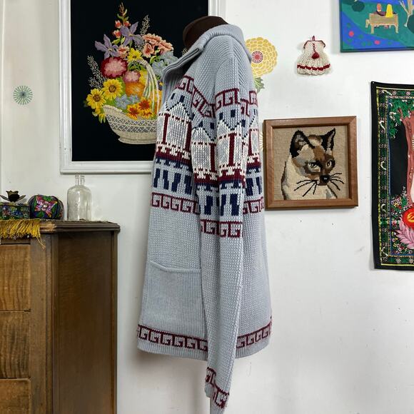 Vintage Grandpa Cardigan, 1970s Gray Zip Front Turtleneck Sweater Sz L - Picture 8 of 11